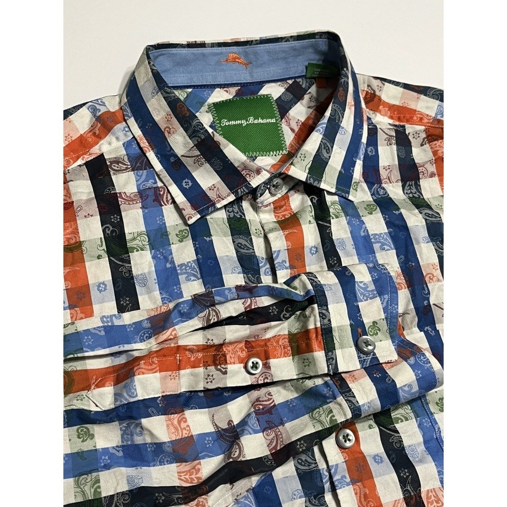 Tommy Bahama Shirt Mens LARGE Multicolor Plaid Paisley Button Down Long Sleeve